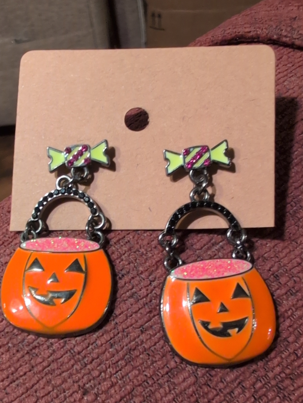 Halloween Pumpkin Bucket Drop Earrings in Orange and Pink